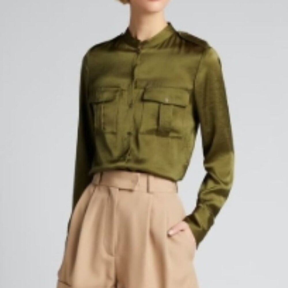 Elie Tahari Emmett Militart Satin Blouse S Tuscan Olive